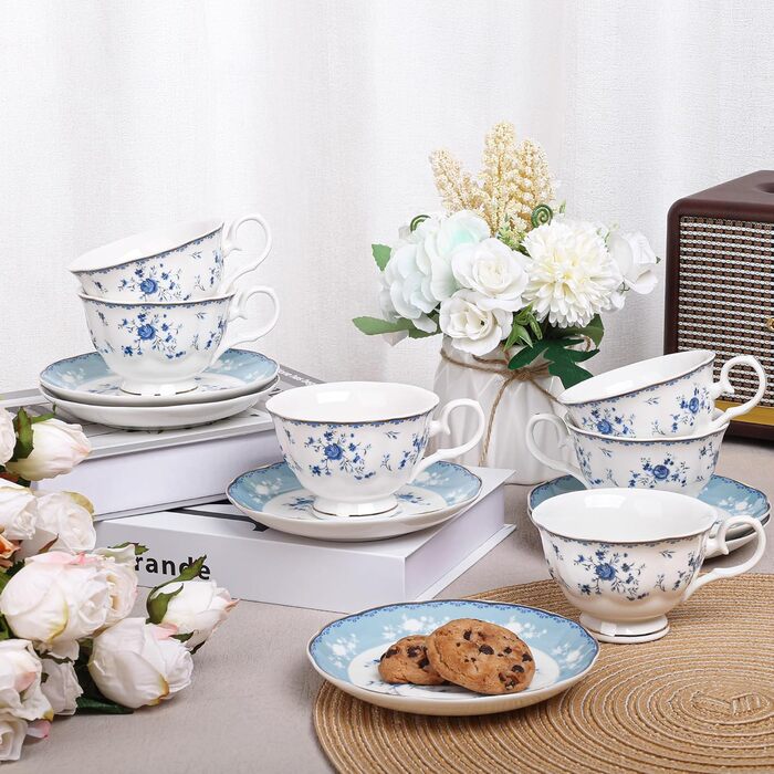 Набір із 6 чашок та блюдець Fanquare &quotРожева троянда&quot, британський вінтажний набір чашок для полудня, порцелянова кавова чашка із золотим обідком, 150 мл (синій)